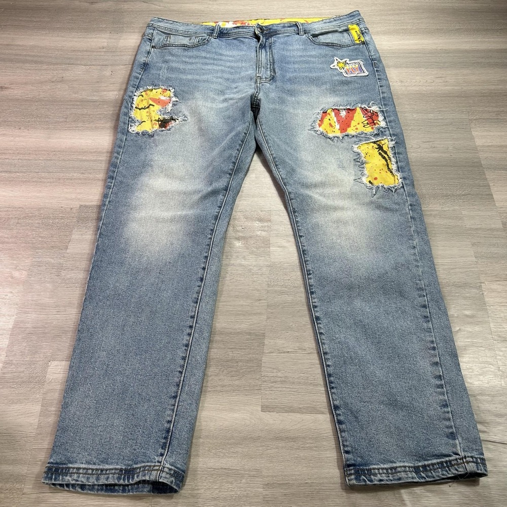Born Fly Jeans Mens 42x34 Blue Distressed Stretch Straight Denim Light Wash
